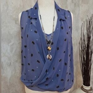 Cabi Blue Floral Sleeveless Wrap Blouse Draped Surplice Medium
